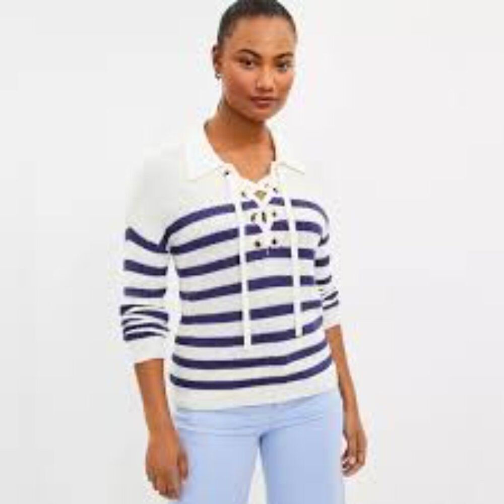 LOFT Striped Lace-Up Polo Sweater – White & Blue Knit Women's Top